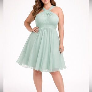 David’s Bridal Mint Chiffon Halter Bridesmaid Dress Size 18 NWT